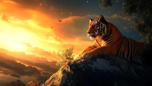 Tiger resting on rocky ledge under intense sunset sky.