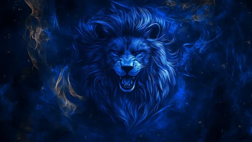 Midnight blue lion roaring through swirling cosmic smoke.