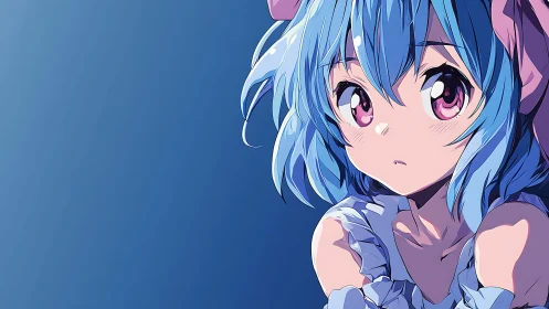 Blue haired anime girl portrait on plain gradient background.
