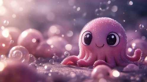 Macro render of dewy pink cartoon octopus under soft bokeh lighting