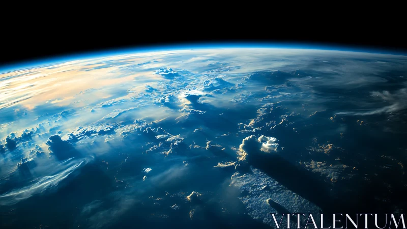 Low Earth orbit horizon with illuminated cloud tops and dense shadows