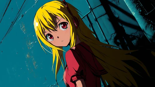 Blonde anime girl under urban night shadows.