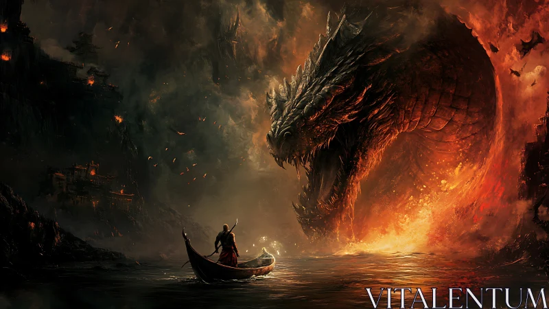 Boat-bound figure near colossal fire-lit dragon head at sea.