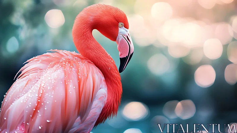 Elegant pink flamingo with water droplets in dreamy bokeh style.