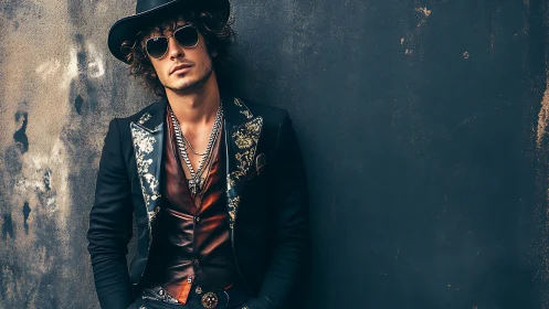 Urban portrait isolates styled man in ornate jacket and hat