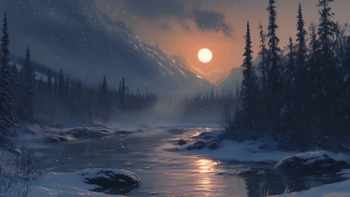 Lunar-illuminated alpine river under dense conifer silhouettes.