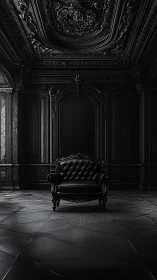 Black leather armchair centered in ornate dark interior