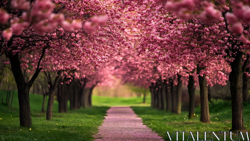 Blossom tunnel hums softly above a springlit walking path