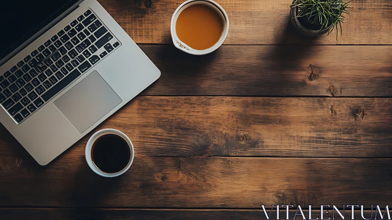 Overhead workspace with laptop, dual coffee cups, rustic wood