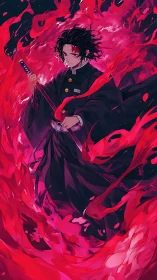 Sword-wielding anime fighter in swirling crimson energy.