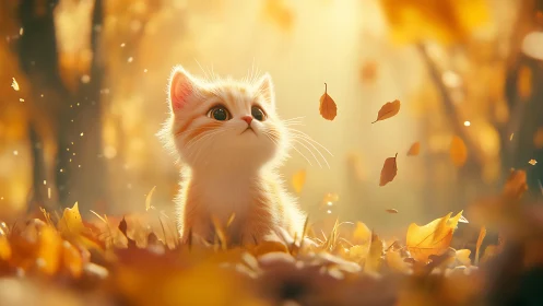 Luminous Kitten in Autumn: Digital Illustration with Bokeh.