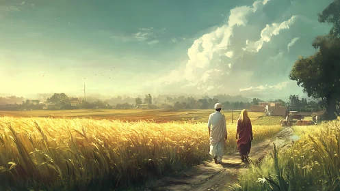 Rural path through wheat fields with two walking figures.