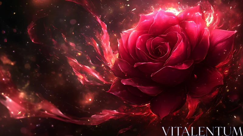 Glowing red rose burns outward in a dark abstract field