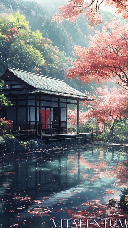 Digital painting of tranquil lakeside Japanese pavilion in spring.