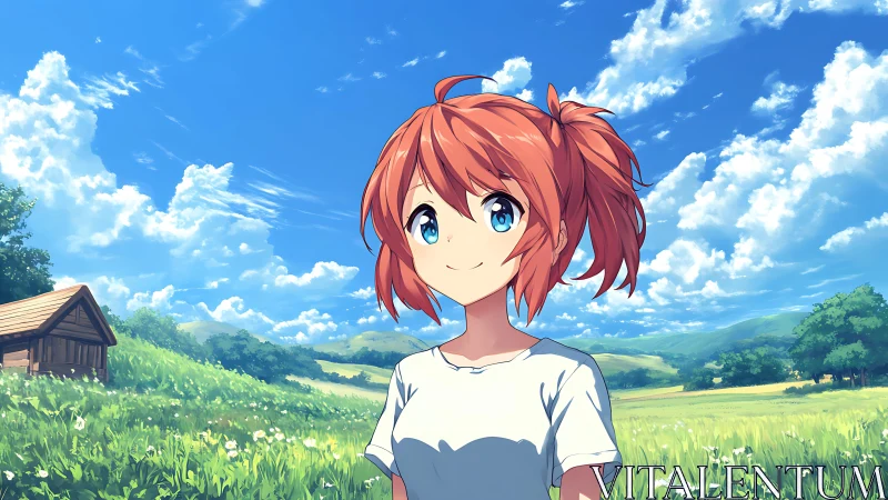 Red haired anime girl in rural summer meadow landscape.