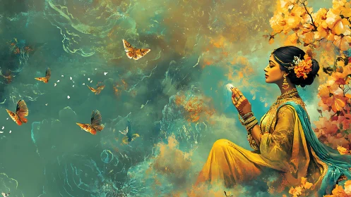 Woman in traditional dress with butterflies and foliage.