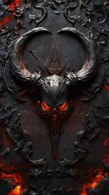 Demonic horned skull emblem over molten volcanic obsidian
