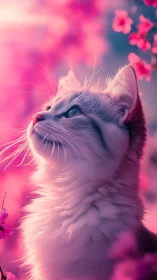 Fluffy White Cat Gazing Upward Among Pink Flowers