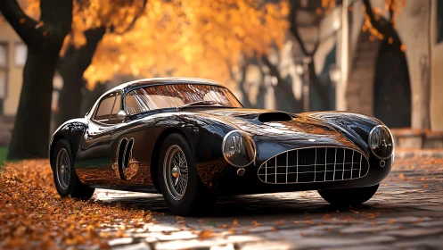 Photoreal classic coupé on autumn city boulevard composition.