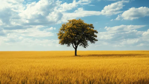 Lone Tree in Golden Wheat Field Under Blue Sky, Photorealistic Style.