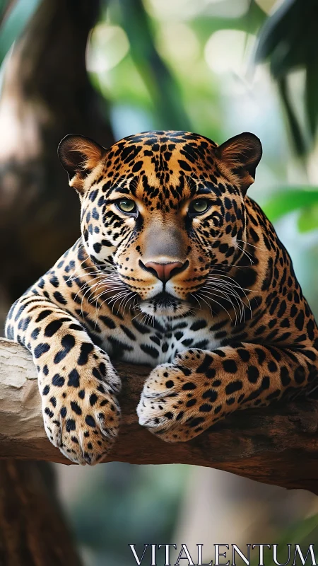 Leopard rests on tree branch with frontal, centered view