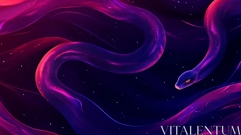 Neon serpent gliding through dark cosmic void at night.