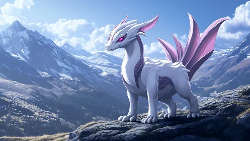 Gentle white dragon guardian gazing over peaceful mountains.