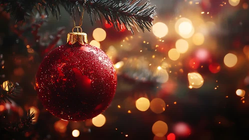 Glowing red Christmas bauble sparkles softly against warm lights