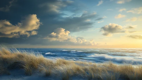 Storm clouds meet golden sunrise over windswept coastal dunes