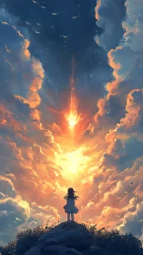 Girl beneath a blazing sky of wishes and falling light.