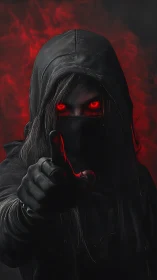 Hooded assassin commands in red smoke and shadow focus.