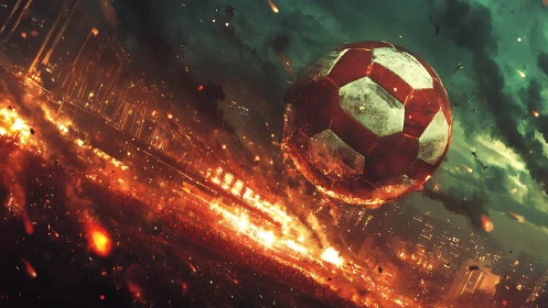 Colossal burning soccer ball engulfs futuristic stadium