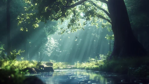 Sunlit Forest Stream: Nature's Cathedral of Light.