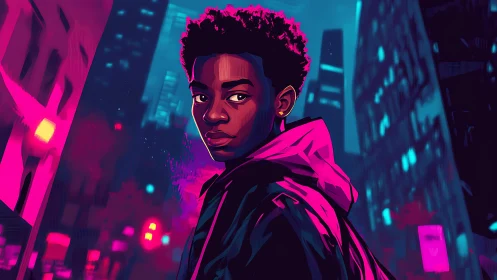 Teen in neon city street under bold purple blue lights.