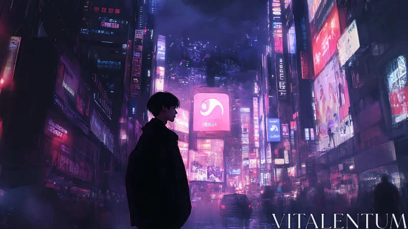 Solitary silhouette within neon-soaked cyberpunk city canyon.