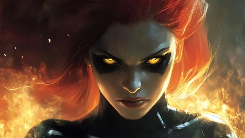 Fiery red haired warrior with glowing yellow eyes portrait.