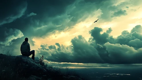 Backlit lone observer on rocky ridge under turbulent cumulonimbus sky