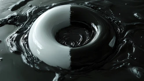 Monochrome torus sinking into viscous reflective black fluid