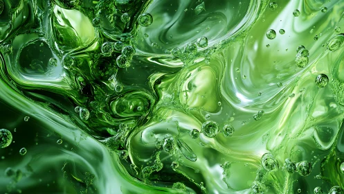 Luminous green liquid swirls with floating sparkling bubbles.