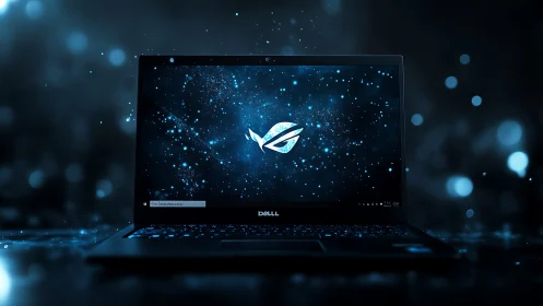 Dell laptop with abstract blue digital galaxy wallpaper display.
