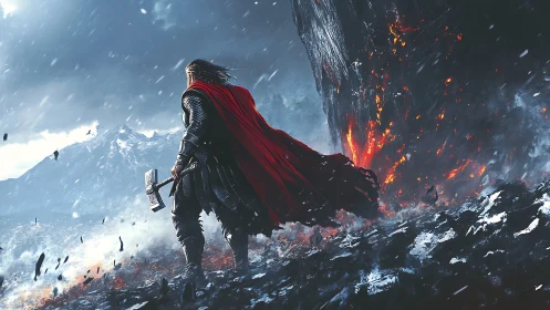 Storm-walker in red cape stands firm before burning cliff face