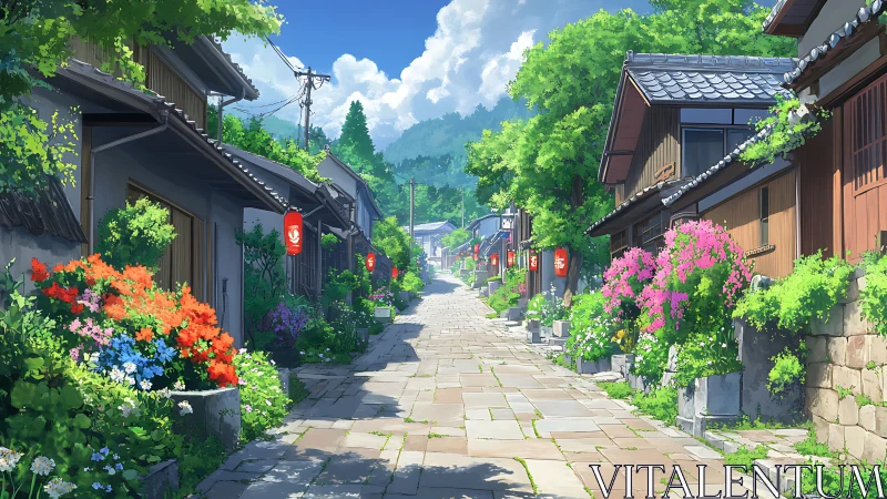 Sunlit stone alley renders traditional houses with dense floral borders