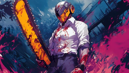 Helmeted figure with chainsaw in stylized urban scene.