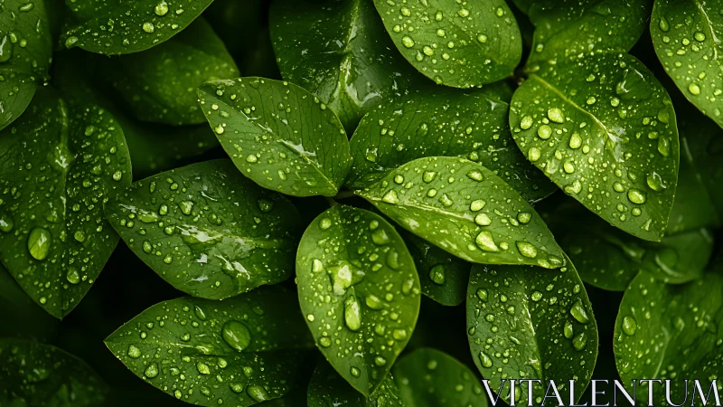 Green leaves display dense water droplets on smooth surfaces