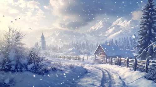 Snowy mountain cabin welcomes winter along a quiet path