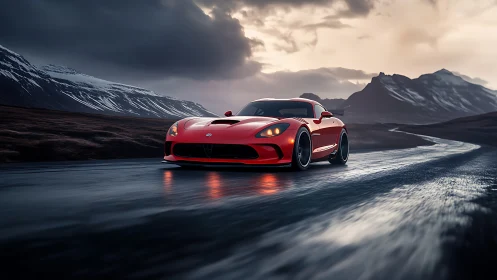 Red performance coupe on wet mountain pass, cinematic dusk render.