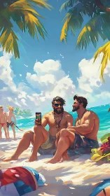 Sunlit tropical beach scene with muscular couple sharing selfie