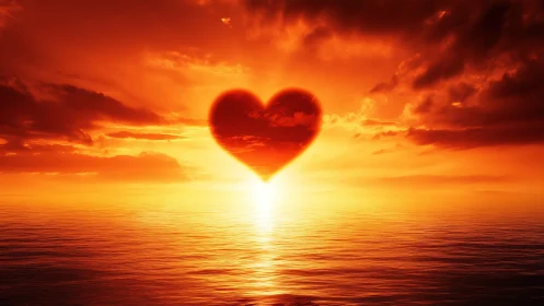 Heart-shaped sun rises over ocean horizon at sunset
