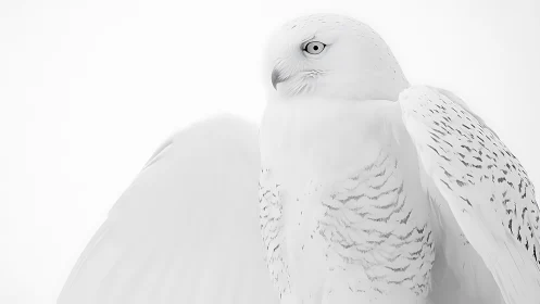 Majestic snowy owl portrait in minimalist high-key style.