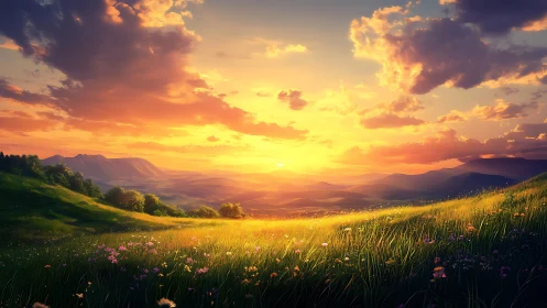 Sunset light bathes wildflower meadow over rolling hills